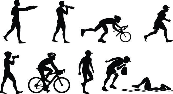 Dynamic triathlon silhouette illustration showcases swimming, cycling, running athletic competition in vector format for sports promotion - Powered by Adobe