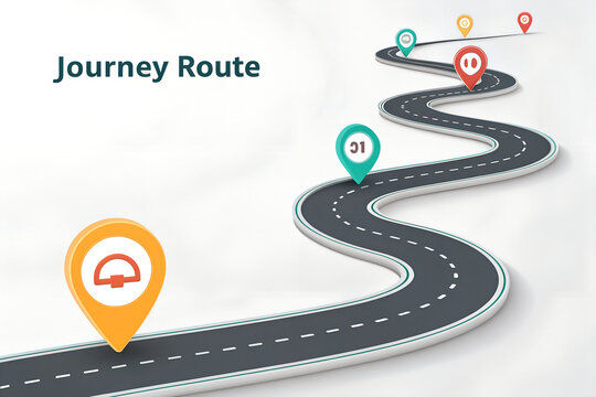 Journey Route infographic with a winding 3D road and colorful map pin milestones. A business roadmap concept for strategy, planning, and project development.
 Generative Ai.