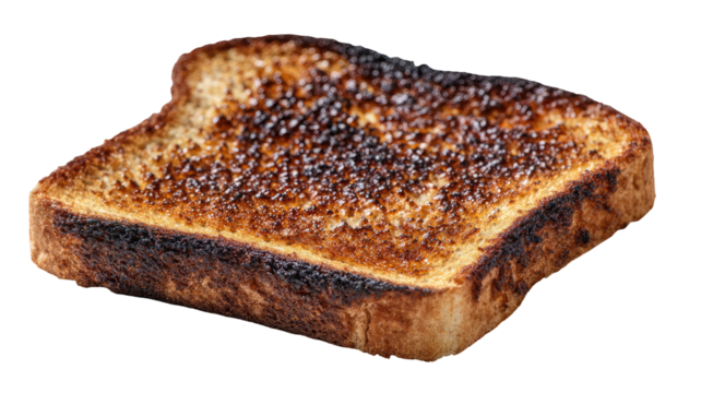 Heavily toasted bread slice, dark patches, golden edges