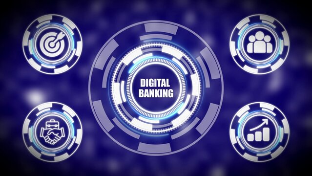 Digital Banking Concept with Icons for Goals, Teamwork, Growth, and Partnership on Blue Background finance