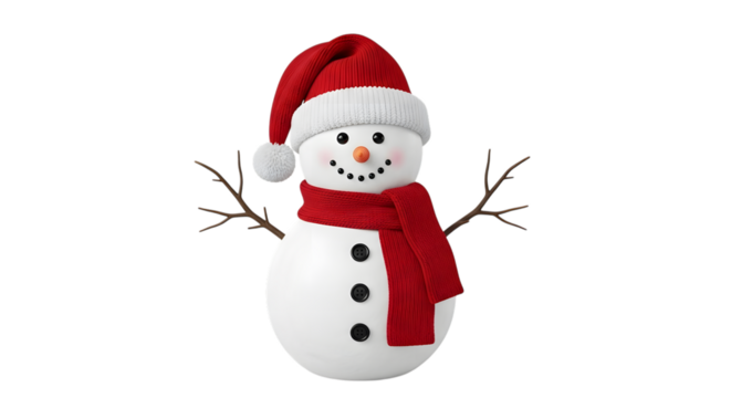 A festive snowman wearing a red santa hat and a red scarf, with black button eyes and a carrot nose, isolated on a transparent background