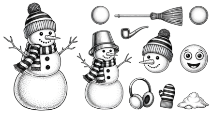 Collection of handdrawn snowman elements including two full snowmen, heads, hats, scarves, mittens, pipe, broom, and snowball pile, isolated on transparent background