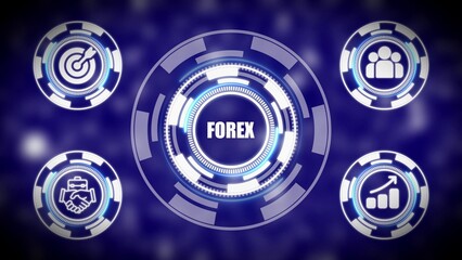 Forex concept with central digital hub and icons for goals teamwork business growth and partnership foreign exchange