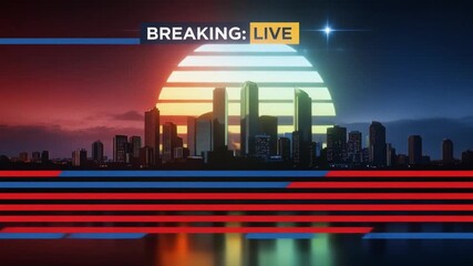 Breaking News Live Background with Modern City Skyline and Neon Lights