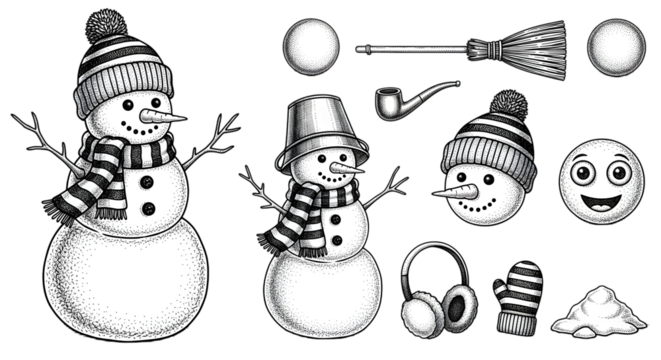 Collection of handdrawn snowman elements including two full snowmen, heads, hats, scarves, mittens, pipe, broom, and snowball pile, isolated on transparent background