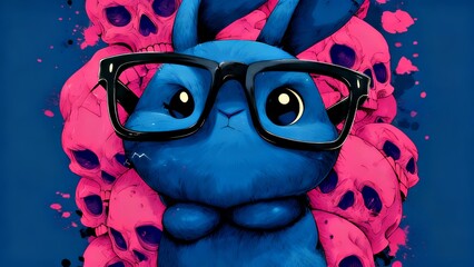 Neon Skulls & Geeky Bunny: Blue Rabbit with Glasses Art