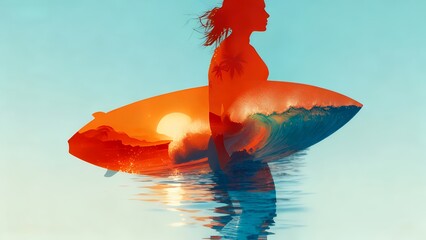 Sunset Surfer: Silhouette of a Woman with Ocean Waves and Palm Trees
