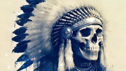Ethereal Tribal Skull: Feathered Headdress with Silver Ornament Art