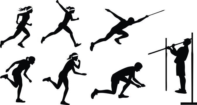 Athletics sports icon collection. Includes running, jumping, hurdle, and pole vault silhouettes. Created in black silhouette style with white background