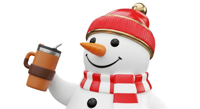 A cheerful snowman wearing a red knitted hat and scarf, holding a travel mug with a straw, isolated on transparent background