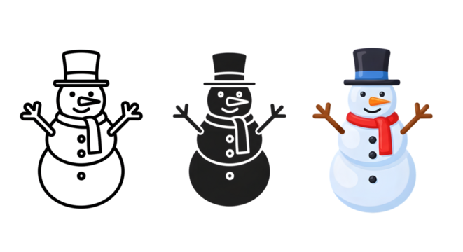 Three snowman icons in different styles outline, silhouette, and full color, isolated on transparent background