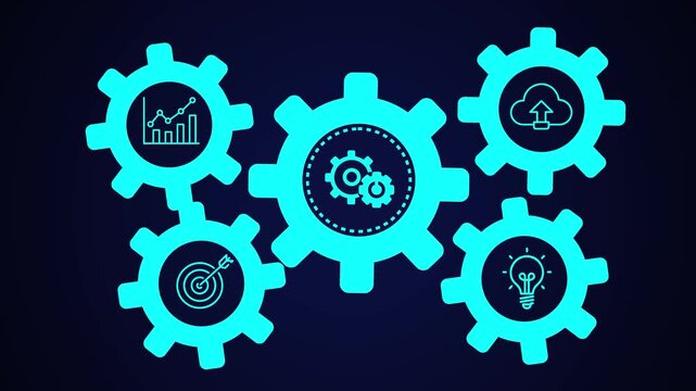 Businessman showing virtual screen of gear cog icon present operation management involving business process, workflow, problem solving, high performance, monitoring and startup, 