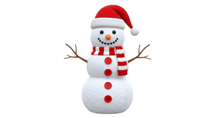 A cheerful snowman wearing a red santa hat and a red and white striped scarf, with twig arms and red button eyes, isolated on transparent background