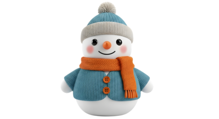 A cute, fluffy snowman character wearing a blue knitted hat and scarf, with rosy cheeks and a cheerful smile, isolated on white isolated on transparent background