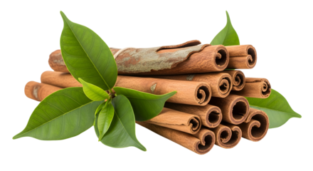 A pile of cinnamon sticks with green leaves, isolated on transparent background