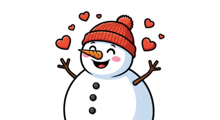 A joyful cartoon snowman with a carrot nose, red hat, and hearts floating around its head, expressing love and happiness, isolated on white isolated on transparent background