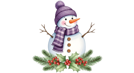 Cute watercolor snowman wearing a purple knitted hat and scarf, with pine branches and holly berries, isolated on transparent background