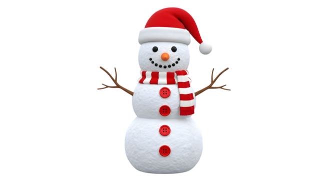 A cheerful snowman wearing a red santa hat and a red and white striped scarf, with twig arms and red button eyes, isolated on transparent background