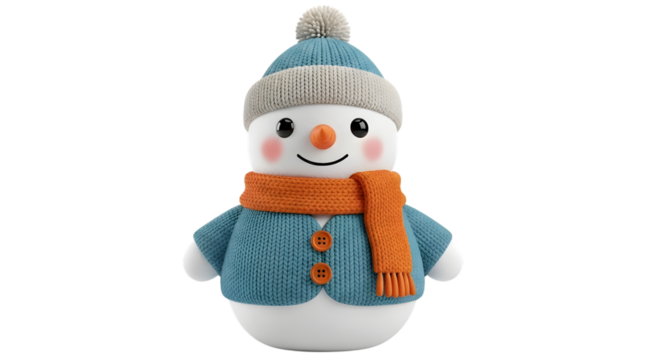 A cute, fluffy snowman character wearing a blue knitted hat and scarf, with rosy cheeks and a cheerful smile, isolated on white isolated on transparent background