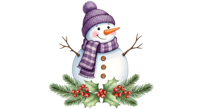 Cute watercolor snowman wearing a purple knitted hat and scarf, with pine branches and holly berries, isolated on transparent background
