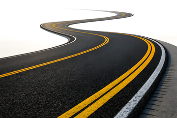 Winding asphalt road with yellow lines on white background. Path symbolizes a journey, direction, challenges, and progress toward a future destination or goal.
 Generative Ai.
