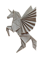 Origami unicorn with folded wings, beige paper on black