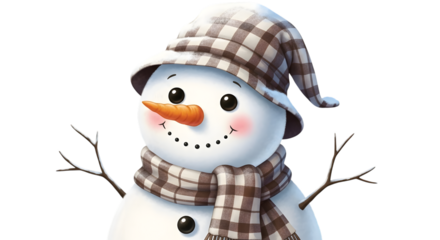 Closeup of a cheerful snowman with rosy cheeks, wearing a plaid hat and scarf, with a carrot nose, isolated on transparent background