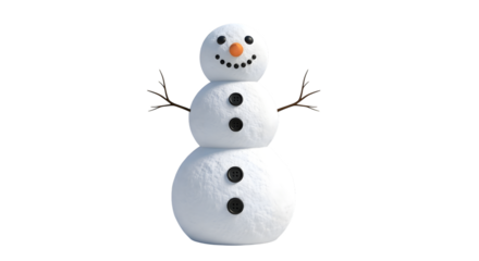 Traditional snowman with three snowballs and stick arms, isolated on transparent background