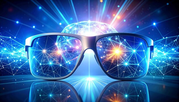 Digital artwork of future AI-powered smart glasses merging with human interface, glowing brain-data connections, abstract neural patterns, sci-fi style, 8K"