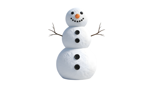 Traditional snowman with three snowballs and stick arms, isolated on transparent background