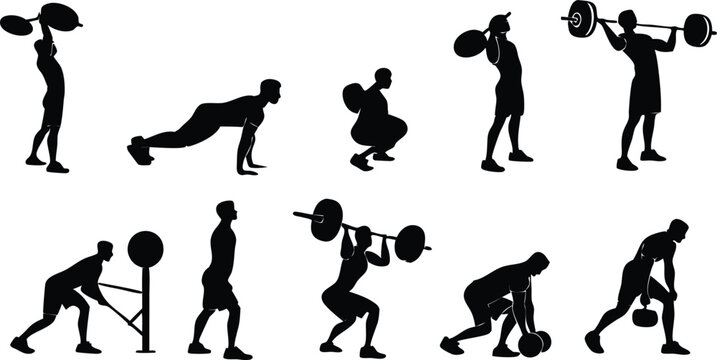 Dynamic silhouettes showcase diverse weightlifting exercises for ultimate fitness inspiration and workout motivation - Powered by Adobe