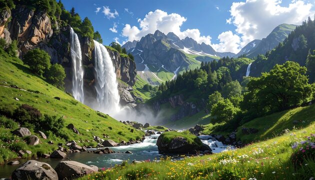A breathtaking landscape with a majestic waterfall cascading down rocky cliffs, surrounded by lush greenery, mountains, and a clear blue sky