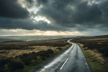 Winding country road under a dramatic stormy sky. A moody journey through a vast landscape, symbolizing adventure, challenges, and a ray of hope on the horizon.
 Generative Ai.