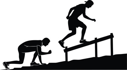 Dynamic athletes training intensely, conquering hurdles with determination and strength for peak performance.