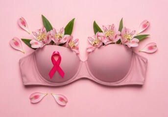 Pink bra adorned with flowers and breast cancer awareness ribbon