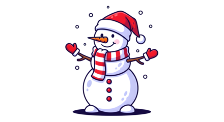A cartoon snowman wearing a santa hat and red scarf, with falling snow isolated on transparent background