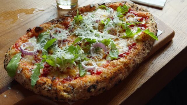 An overhead, mouth-watering shot of a hot, freshly baked gourmet pizza. The toppings include vibrant rocket salad, savory meat, and perfectly melted mozzarella cheese bubbling across the crust. 