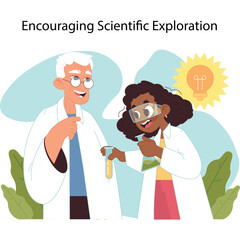 Diverse group of scientists in lab coats happily examining test tubes with glowing lightbulb symbolizing innovation and discovery in a light blue background with green foliage