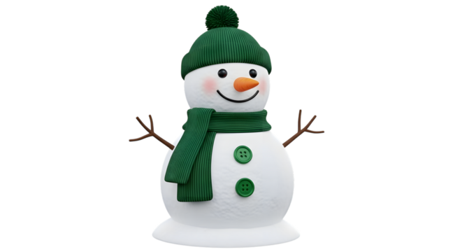 A friendly snowman with a green knitted hat and scarf, and green button eyes, isolated on transparent background - Powered by Adobe