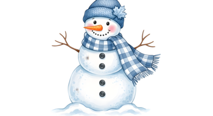 A cute snowman wearing a blue knitted hat and scarf, isolated on transparent background