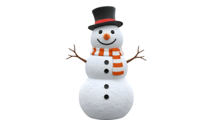 A classic snowman with a black top hat and a striped scarf, isolated on transparent background