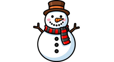 A cute cartoon snowman with a black top hat and a red and black striped scarf, standing with twig arms, isolated on transparent background
