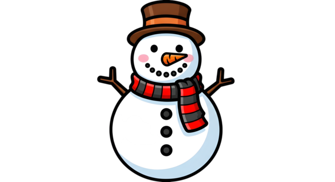 A cute cartoon snowman with a black top hat and a red and black striped scarf, standing with twig arms, isolated on transparent background