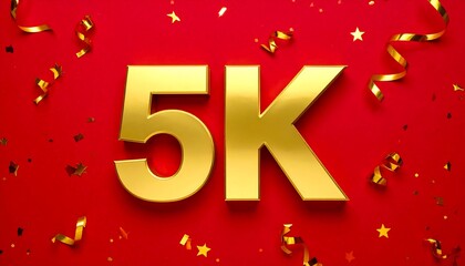 Golden 5K Celebration on Red Background with Confetti and Streamers.