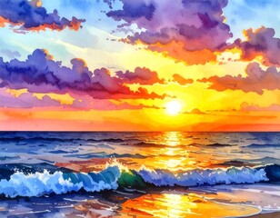 Watercolor painting of a radiant sunset reflecting on ocean waves