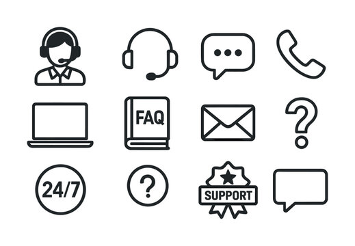Customer support icons set: headset, faq, 24/7, email, chat symbols