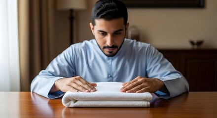 A man carefully folding a white towel at a wooden table in a cozy indoor setting, demonstrating organization and cleanliness