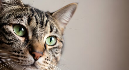 Striking Green-Eyed Tabby Cat Portrait with Copy Space perfect for pet blog, veterinary clinic, animal welfare advertisement, home