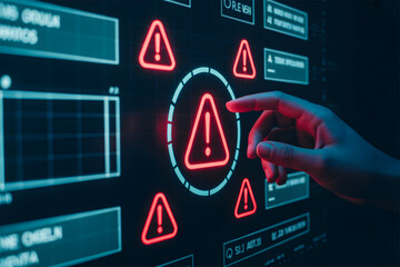 Hand touching a screen with red warning triangle icons symbolizing cyber security alert