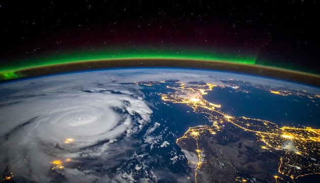 A breathtaking view of Earth from space shows a glowing green aurora and illuminated city lights along a coastline. A storm swirls below